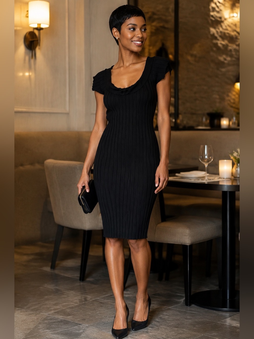 Hera Collection Black Ribbed Knit Bodycon Midi Dress Cap Sleeve M